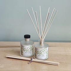 Two diffusers in 'New Leaf' scent featuring aloe, moss and green clover. 