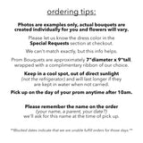 Text detailing ordering tips for prom bouquets with information on size, care, and pickup process.