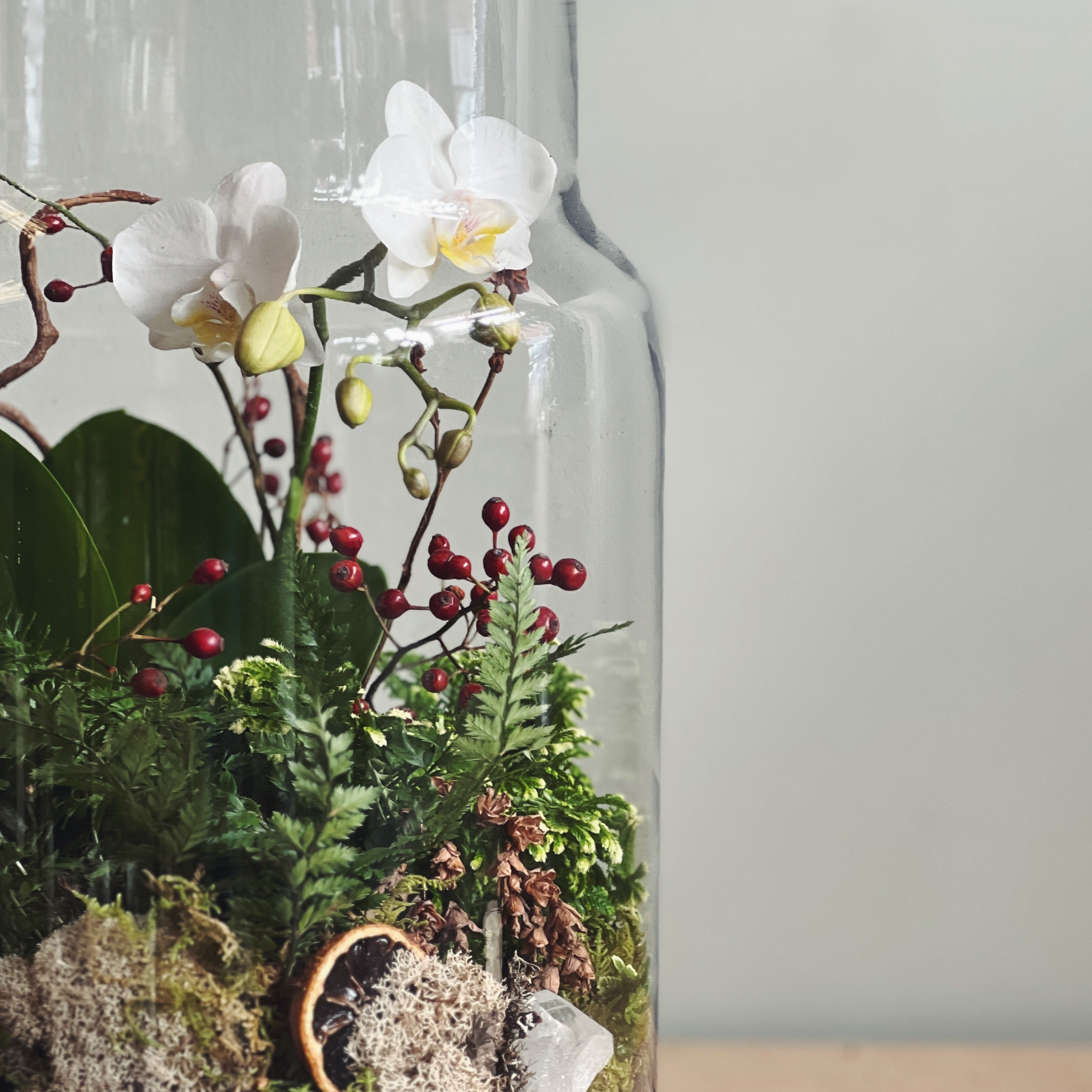 Terrarium with orchids, ferns, berries, and moss inside a glass container.