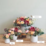 Three premium floral arrangements with sizes labeled 'Mini', 'Sweet', 'Lovely, and 'Generous'.