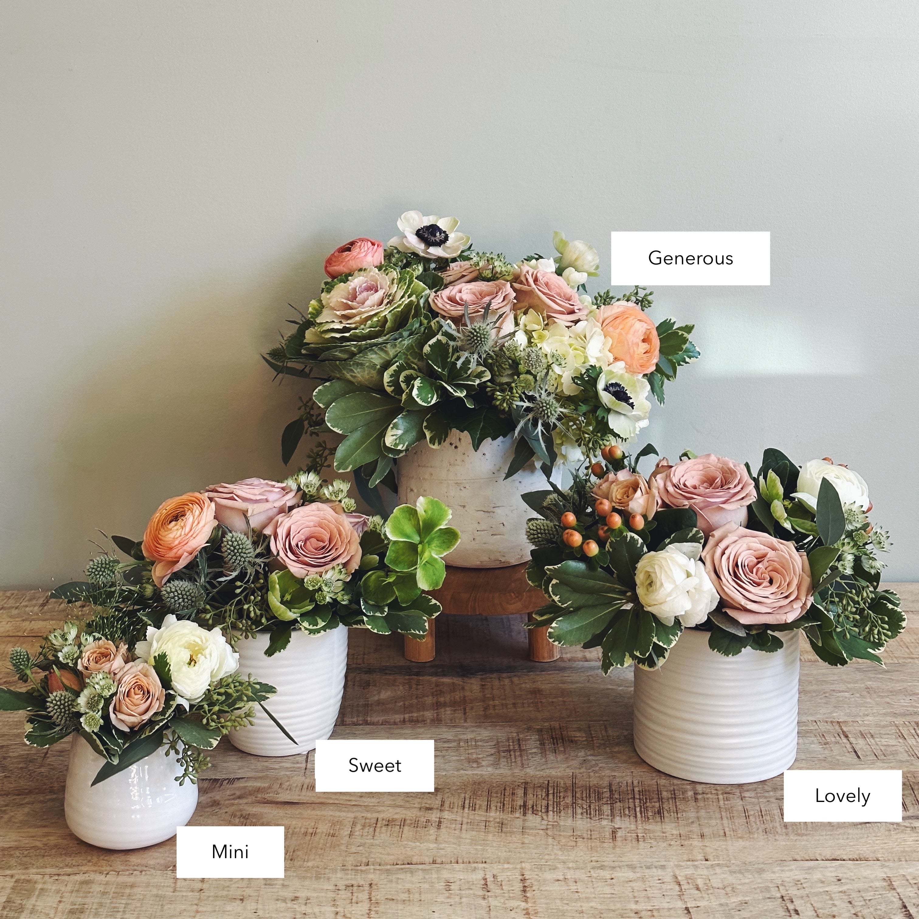 Three premium floral arrangements in soft pastel colors with sizes labeled 'Mini', 'Sweet', 'Lovely, and 'Generous'.