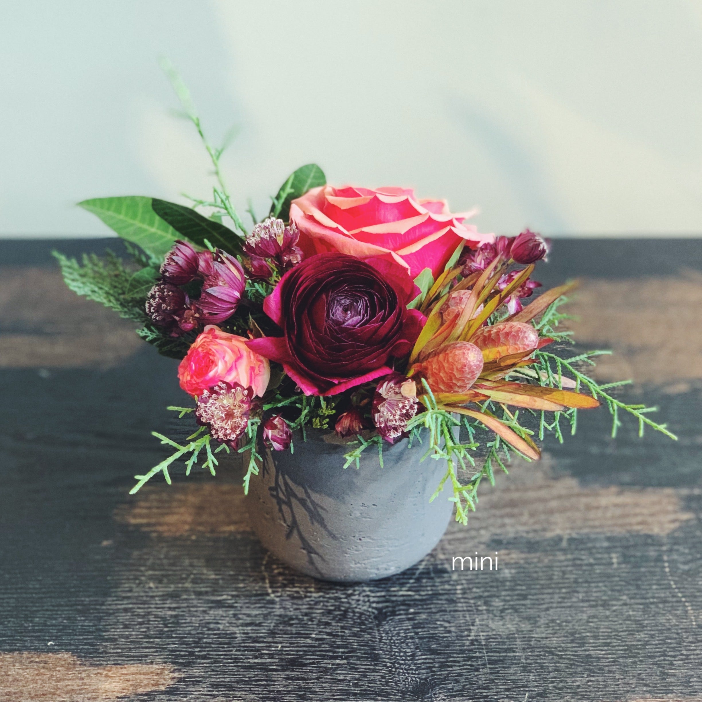 Mini holiday flower arrangement in plum, coral, and brown.  Flowers include: roses, astrantia, ranunculus, and leucadendron accented by evergreens.